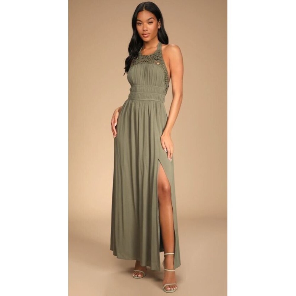 Lulus Maxi Dress Tie Back Halter Olive Green Crochet Boho NWT Womens Size S/M